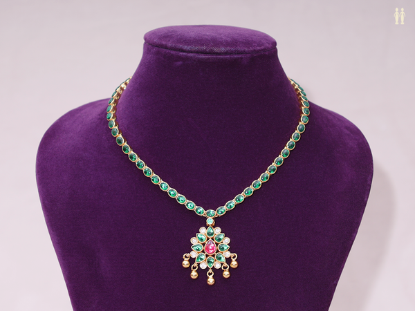 Floral Design With Emerald Stone Gold Plated Silver Necklace