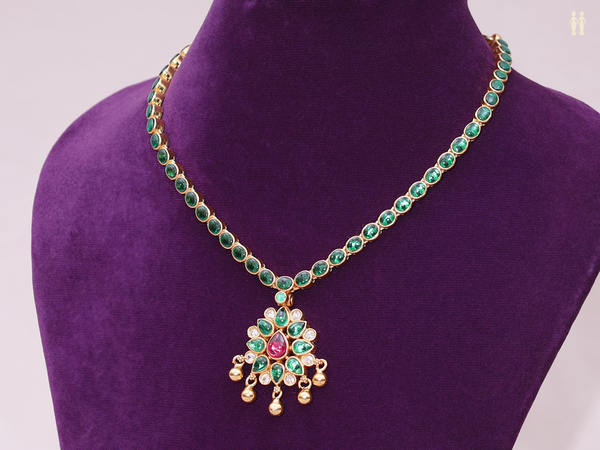 Floral Design With Emerald Stone Gold Plated Silver Necklace