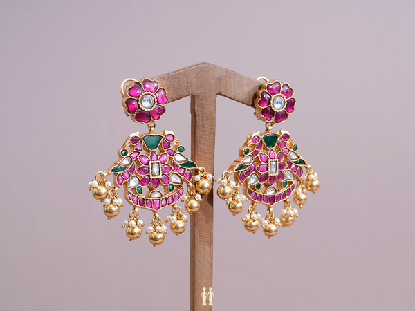 Floral Design With Kemp Stone Gold Plated Pure Silver Earrings