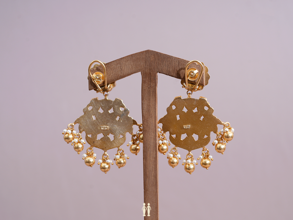 Floral Design With Kemp Stone Gold Plated Pure Silver Earrings