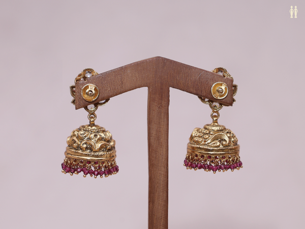 Floral Design With Kemp Stone Gold Plated Pure Silver Jhumkas