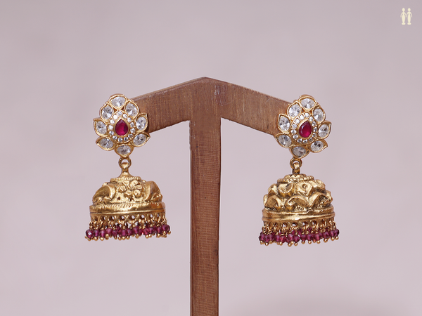 Floral Design With Kemp Stone Gold Plated Pure Silver Jhumkas