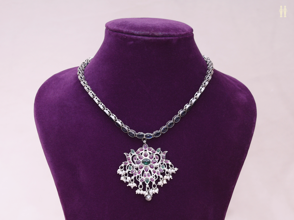 Floral Design With Kemp Stone Pure Silver Necklace
