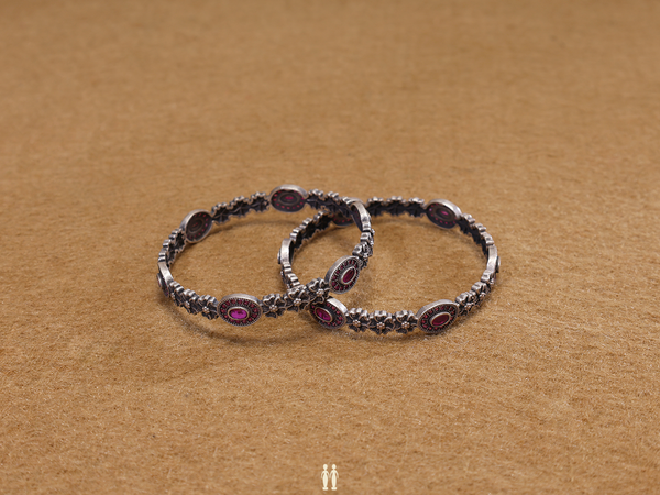 Floral Design With Pink Stone Pure Silver Bangles