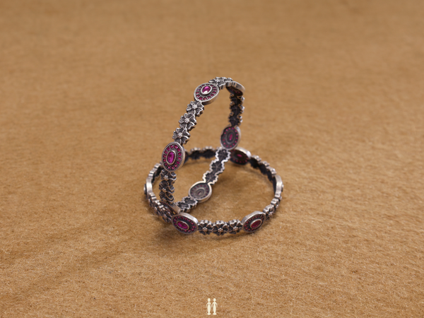 Floral Design With Pink Stone Pure Silver Bangles