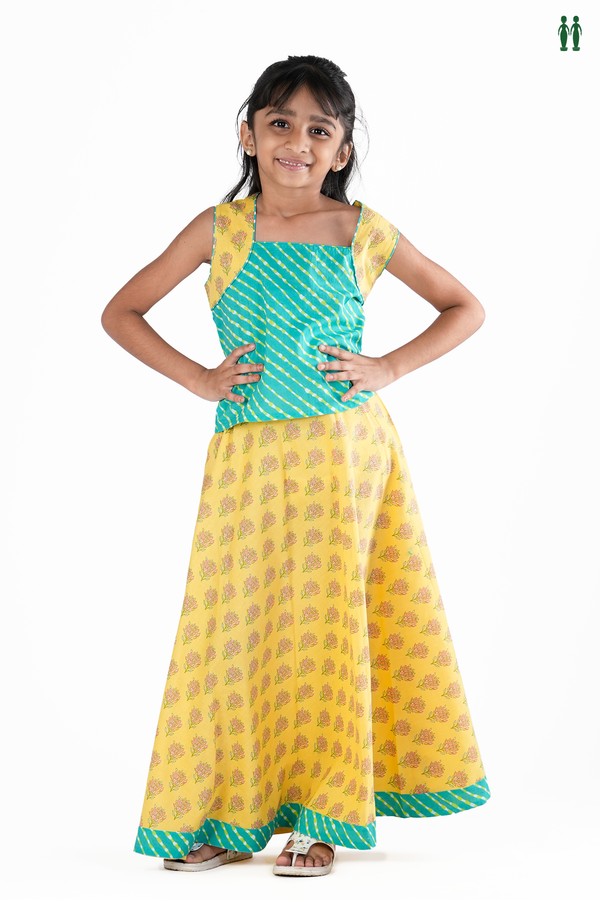 Floral Design Yellow And Green Cotton Pavadai Sattai