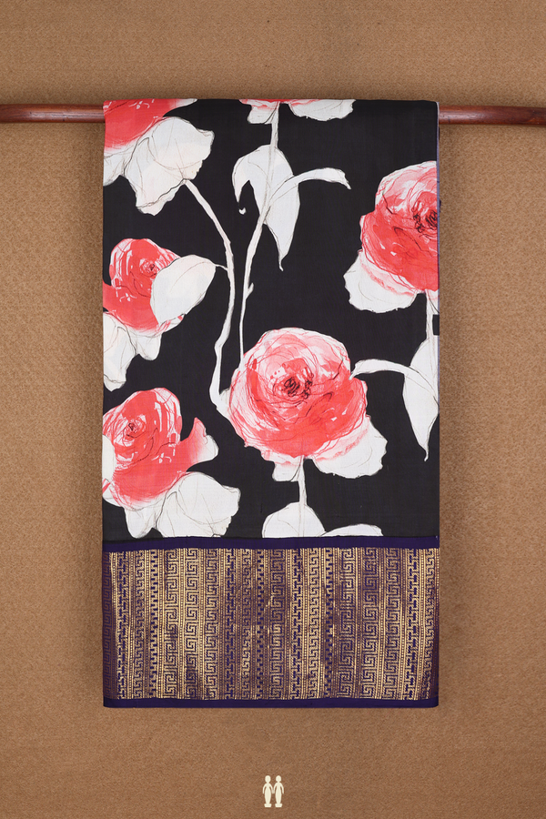 Floral Digital Printed Black Kanchipuram Silk Saree