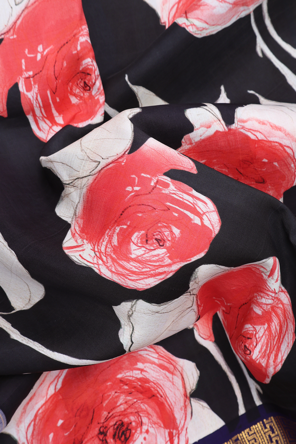 Floral Digital Printed Black Kanchipuram Silk Saree