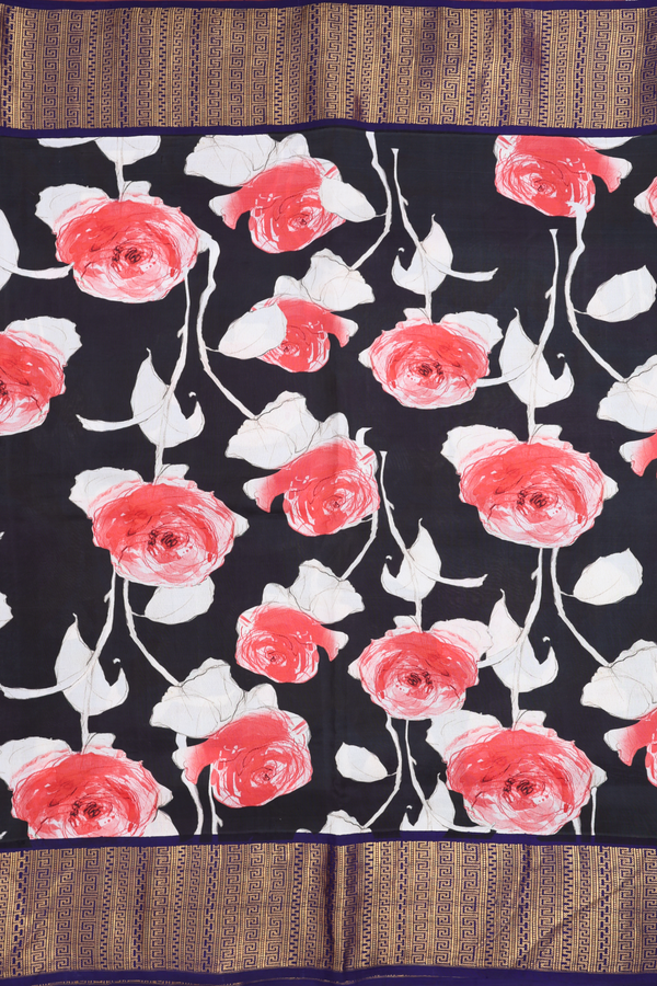 Floral Digital Printed Black Kanchipuram Silk Saree