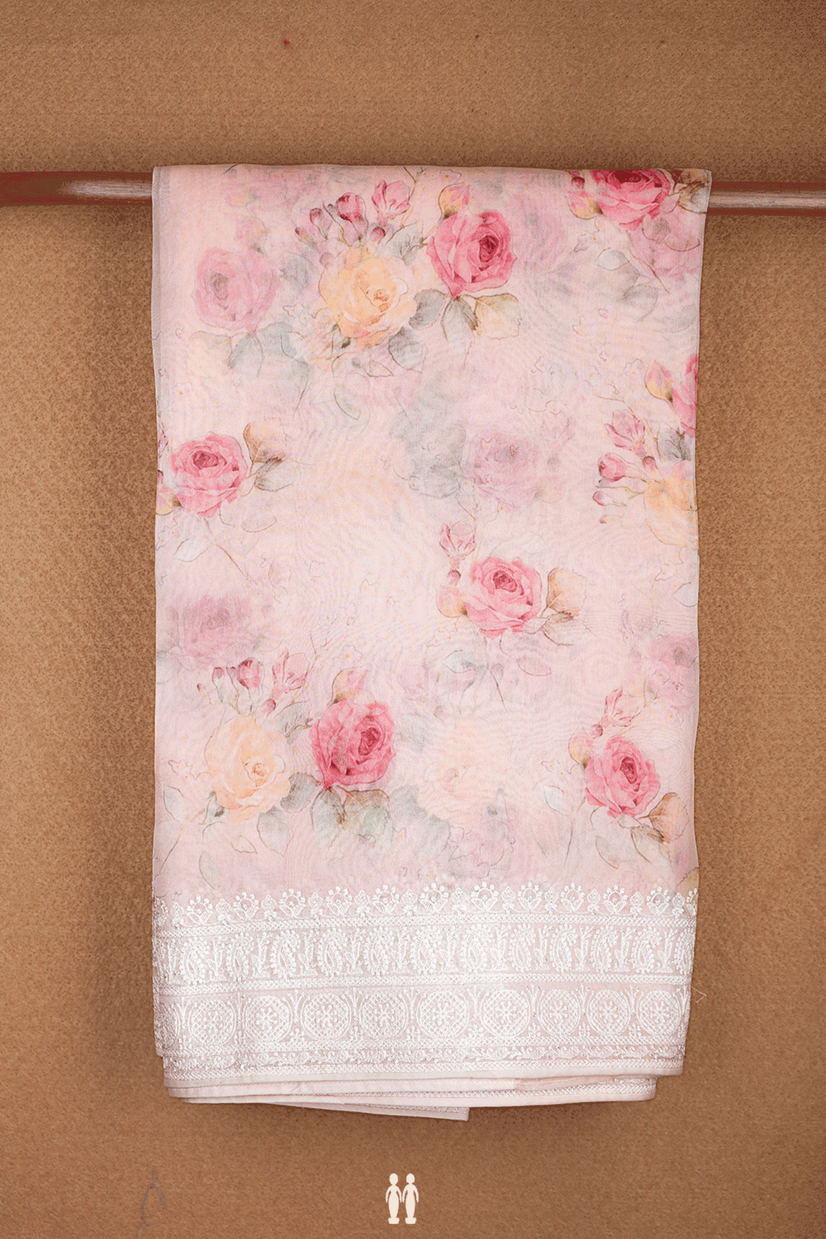Floral Digital Printed Cream Pink Organza Silk Saree