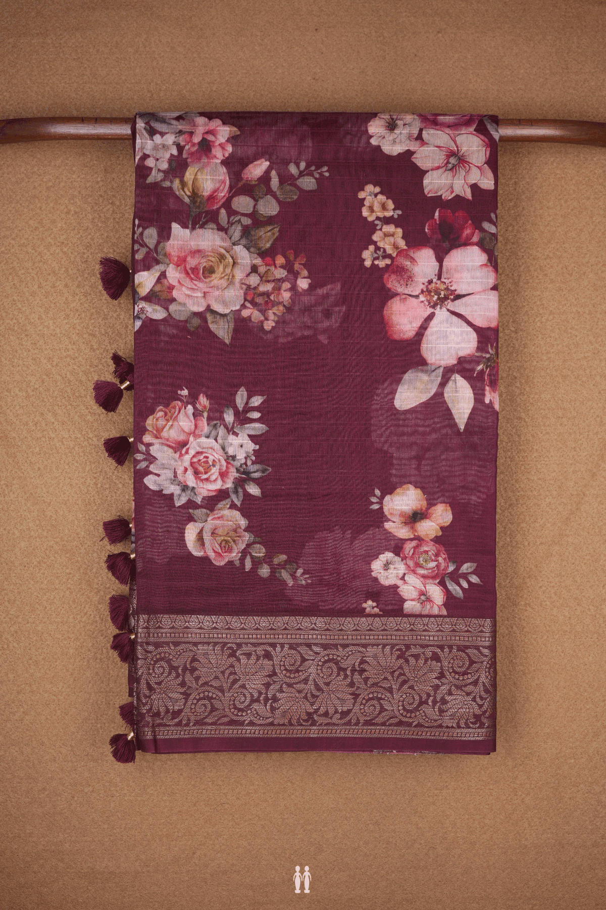 Floral Digital Printed Dark Maroon Chanderi Silk Cotton Saree
