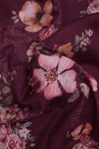 Floral Digital Printed Dark Maroon Chanderi Silk Cotton Saree