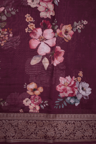 Floral Digital Printed Dark Maroon Chanderi Silk Cotton Saree