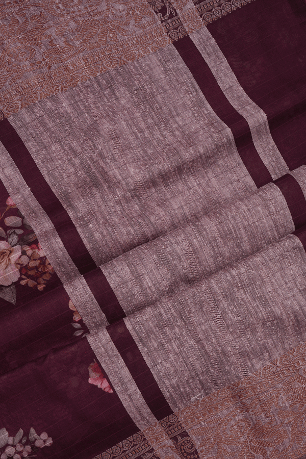 Floral Digital Printed Dark Maroon Chanderi Silk Cotton Saree