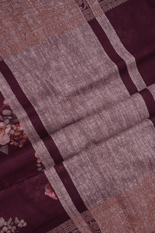 Floral Digital Printed Dark Maroon Chanderi Silk Cotton Saree