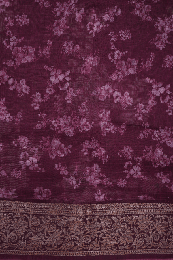 Floral Digital Printed Dark Maroon Chanderi Silk Cotton Saree