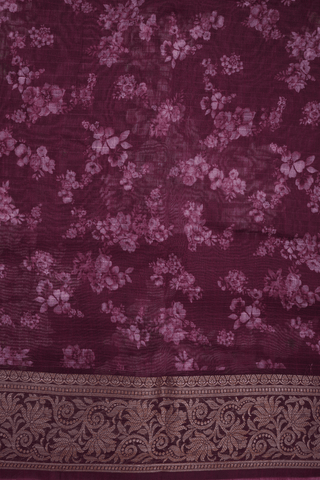 Floral Digital Printed Dark Maroon Chanderi Silk Cotton Saree
