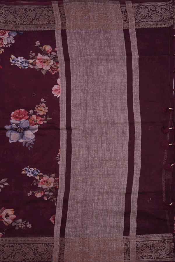 Floral Digital Printed Dark Maroon Chanderi Silk Cotton Saree