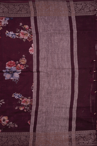 Floral Digital Printed Dark Maroon Chanderi Silk Cotton Saree