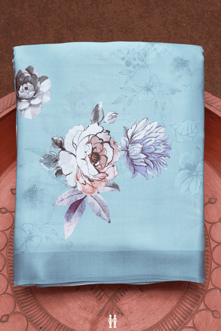 Floral Digital Printed Light Blue Satin Crepe Saree