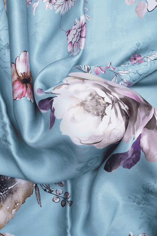 Floral Digital Printed Light Blue Satin Crepe Saree