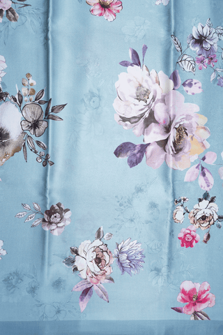 Floral Digital Printed Light Blue Satin Crepe Saree
