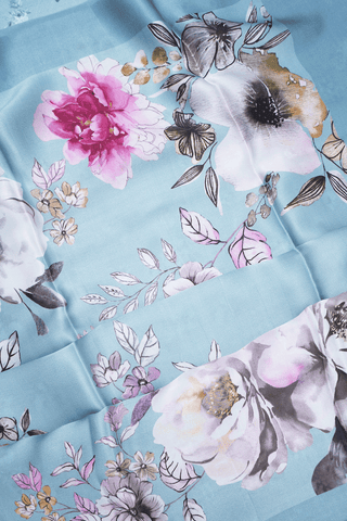 Floral Digital Printed Light Blue Satin Crepe Saree