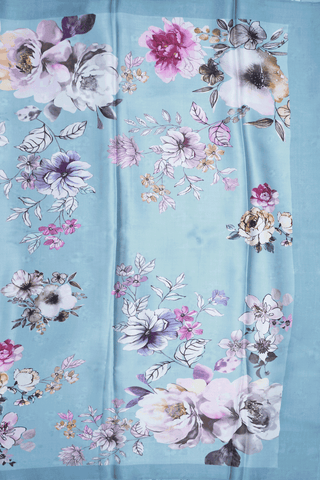 Floral Digital Printed Light Blue Satin Crepe Saree