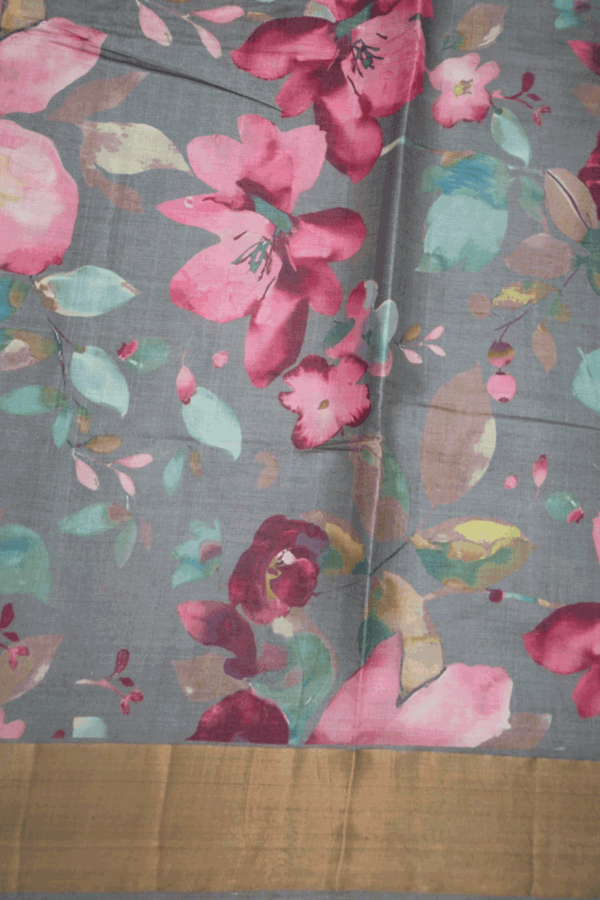 Floral Digital Printed Steel Grey Tussar Silk Saree