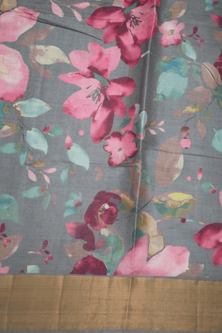 Floral Digital Printed Steel Grey Tussar Silk Saree