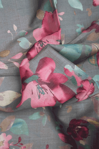 Floral Digital Printed Steel Grey Tussar Silk Saree