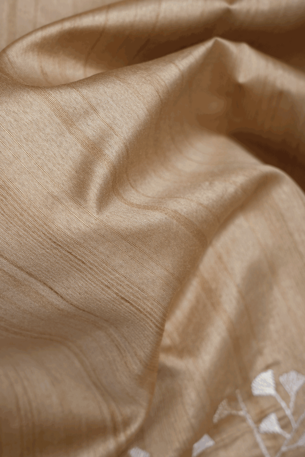 Floral Embroidered Border Tan Semi Raw Silk Saree
