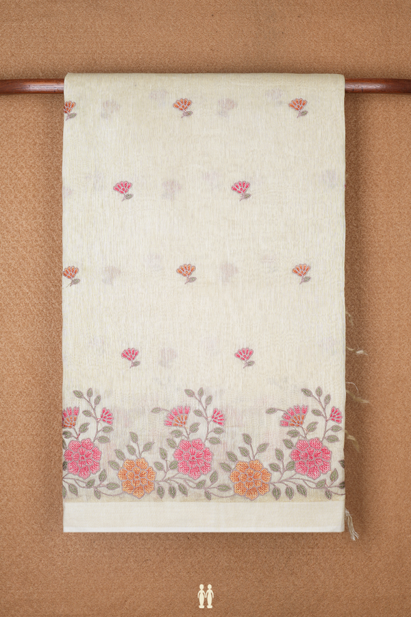 Floral Embroidered Buttas Pale Yellow Linen Saree