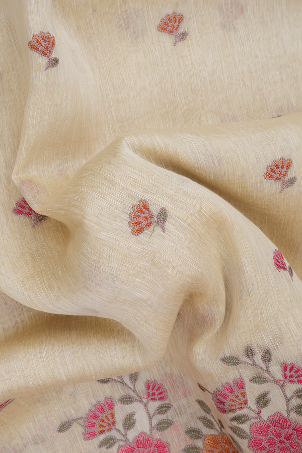 Floral Embroidered Buttas Pale Yellow Linen Saree