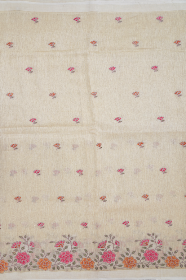 Floral Embroidered Buttas Pale Yellow Linen Saree