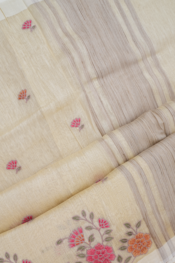 Floral Embroidered Buttas Pale Yellow Linen Saree