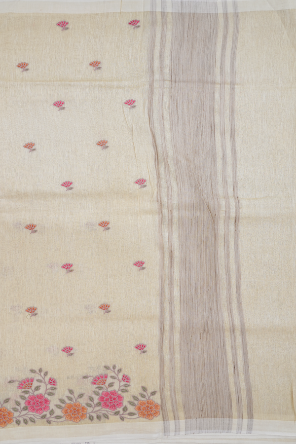 Floral Embroidered Buttas Pale Yellow Linen Saree