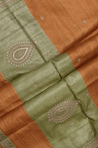 Floral Embroidered Buttis Ochre Orange Tussar Silk Saree