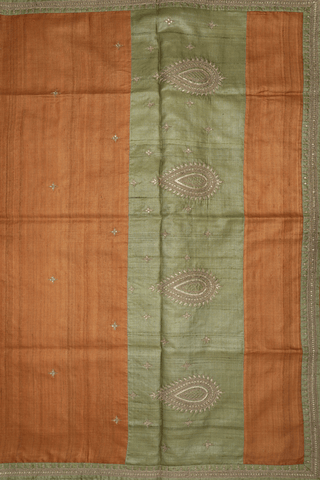 Floral Embroidered Buttis Ochre Orange Tussar Silk Saree