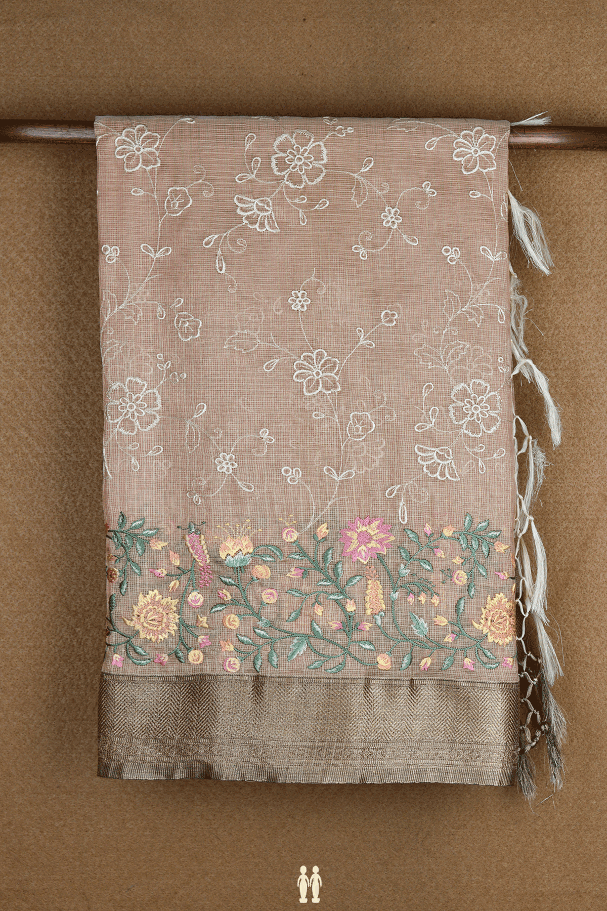 Floral Embroidered Design Cream Color Kota Cotton Saree