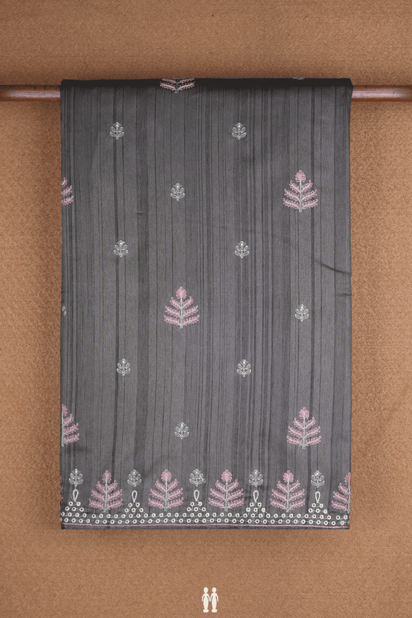 Floral Embroidered Design Dark Grey Semi Raw Silk Saree