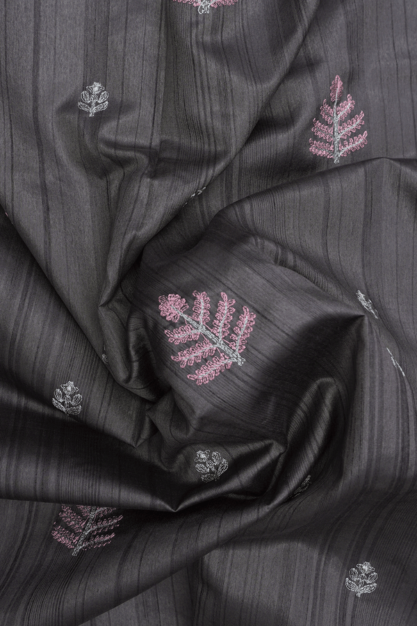 Floral Embroidered Design Dark Grey Semi Raw Silk Saree