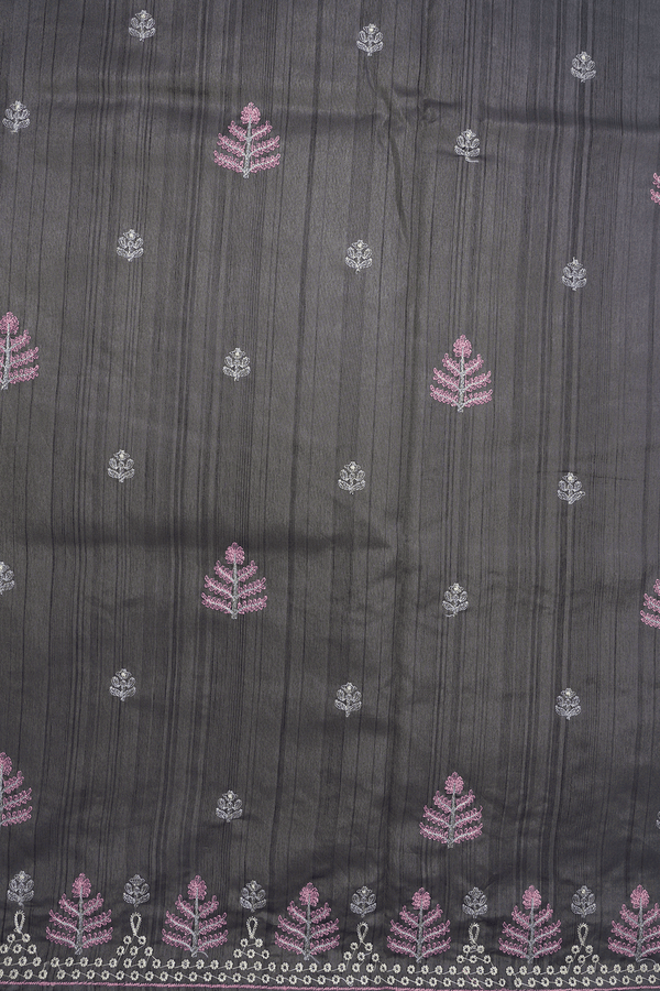Floral Embroidered Design Dark Grey Semi Raw Silk Saree