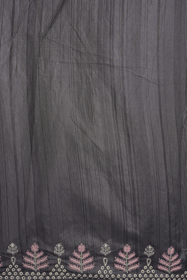 Floral Embroidered Design Dark Grey Semi Raw Silk Saree