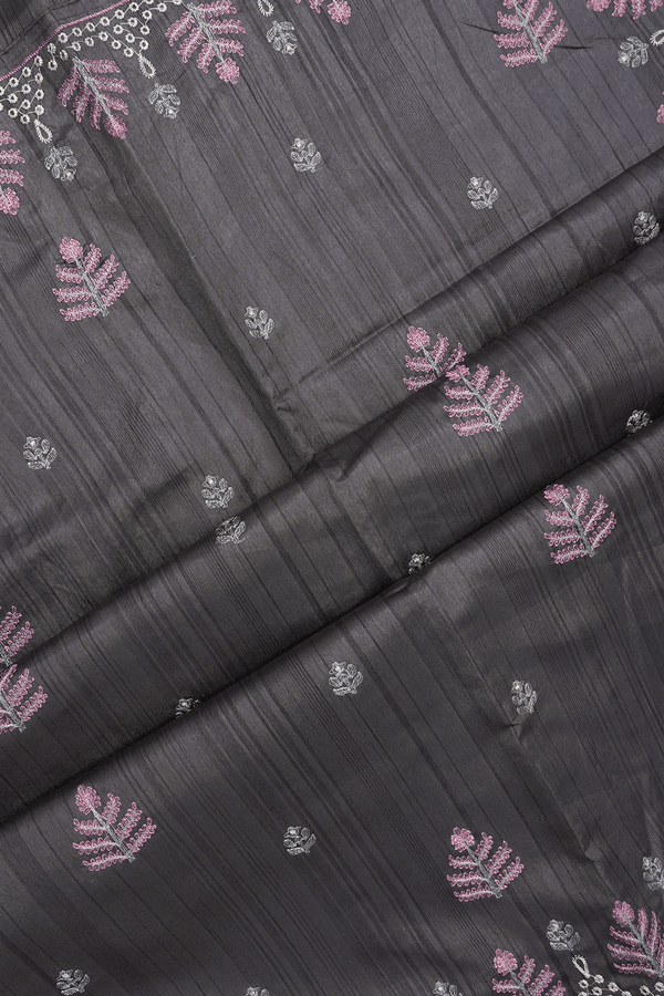 Floral Embroidered Design Dark Grey Semi Raw Silk Saree
