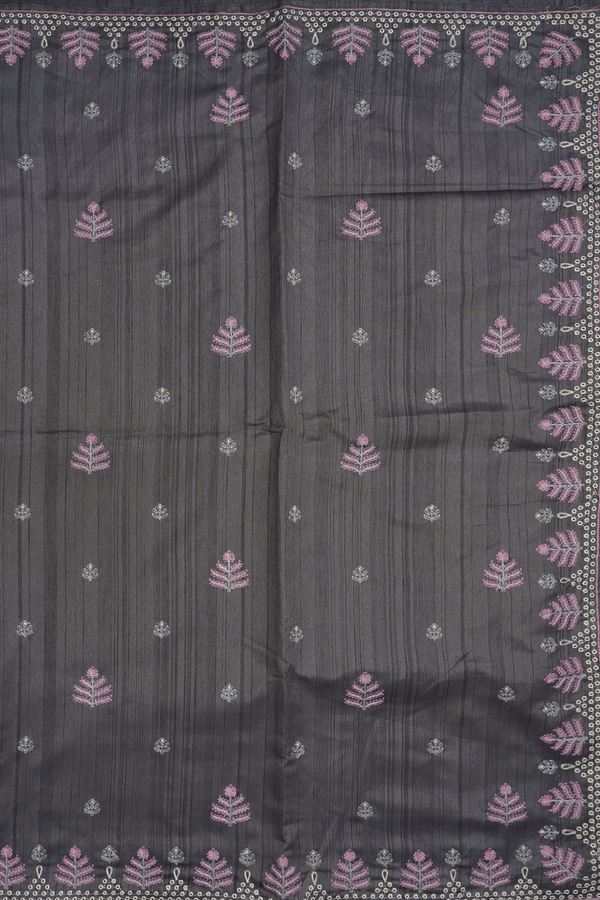 Floral Embroidered Design Dark Grey Semi Raw Silk Saree