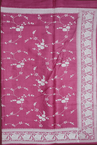 Floral Embroidered Design Hibiscus Red Tussar Silk Saree