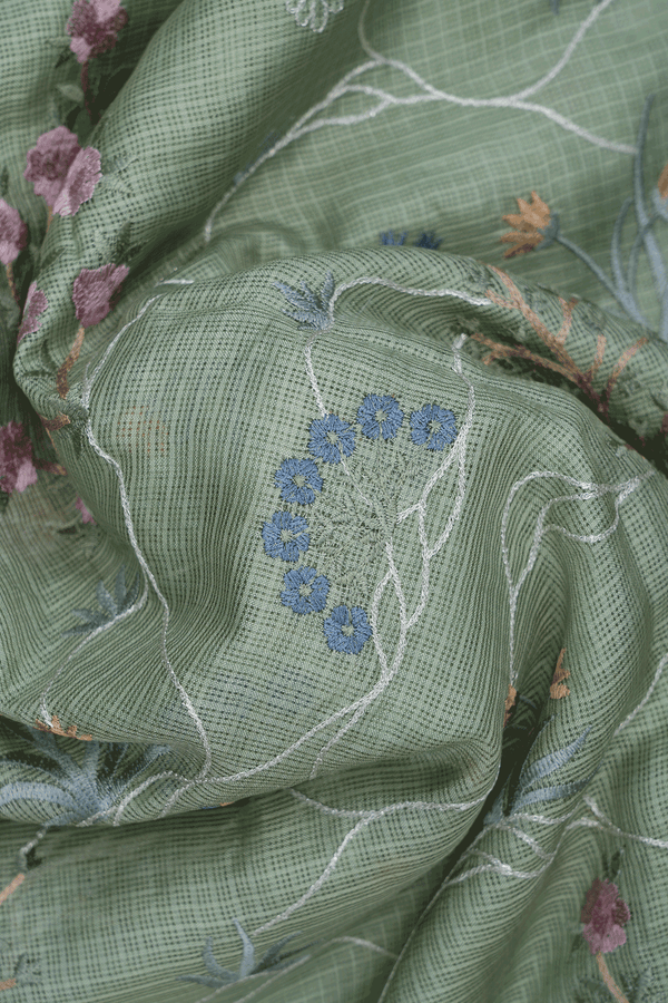 Floral Embroidered Design Light Sage Green Kota Silk Saree