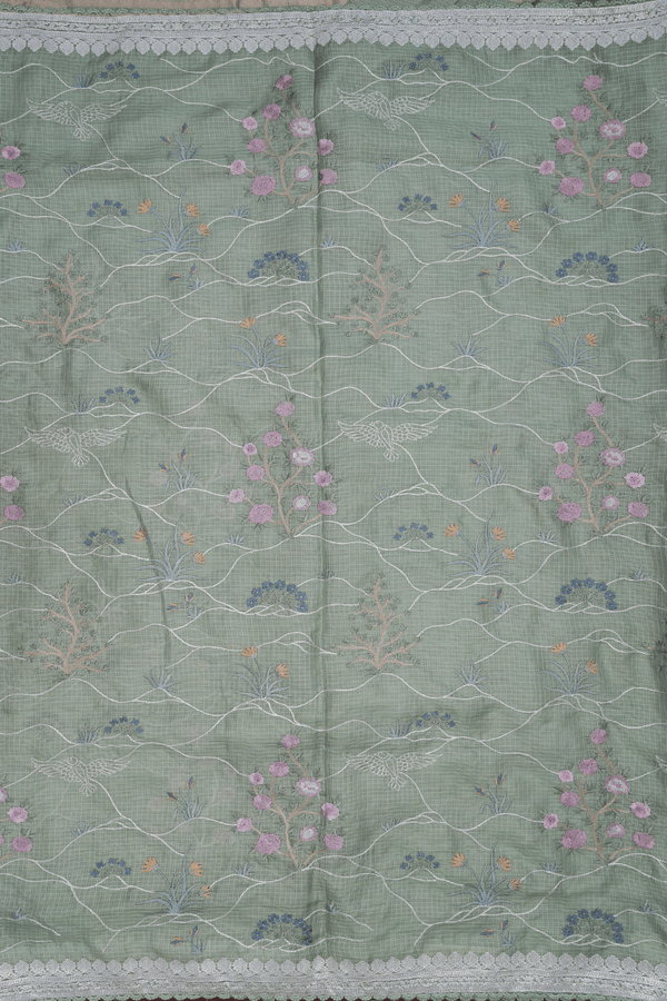 Floral Embroidered Design Light Sage Green Kota Silk Saree