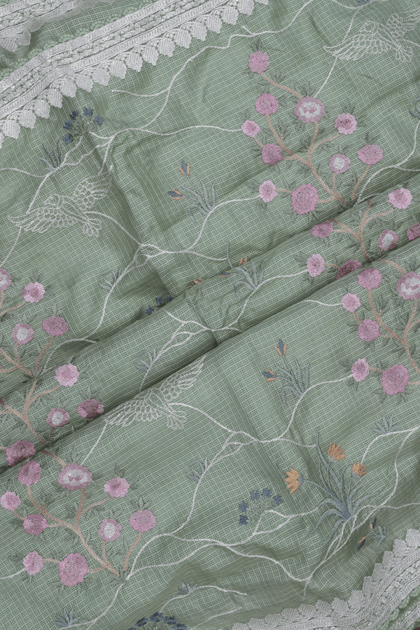Floral Embroidered Design Light Sage Green Kota Silk Saree